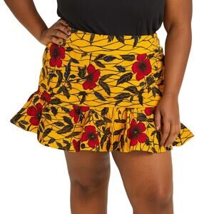 Grassfields GF Yellow Black Red Floral African Mini Ruffle Skirt Plus Size 24